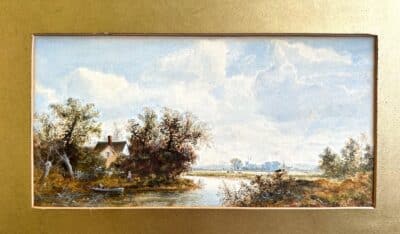 Original watercolour and gouache of a river scene with a cottage and 2 figures by Edward Beecham Lait. Signed and dated 1882. In its original gold mount. Unframed